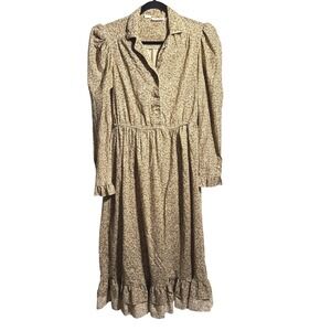 Vintage Brown Floral Prairie Midi Maxi Dress Long Sleeve Cottage Core Boho M SEE